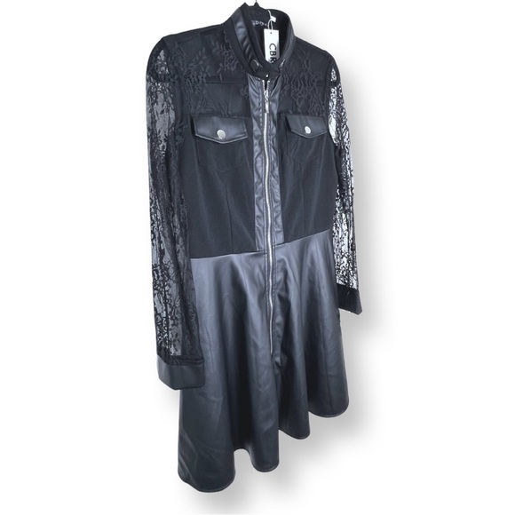 [ CBR ] Black Longsleeve Fit & Flare w/Faux Leather Skirt : M - Picture 6 of 14